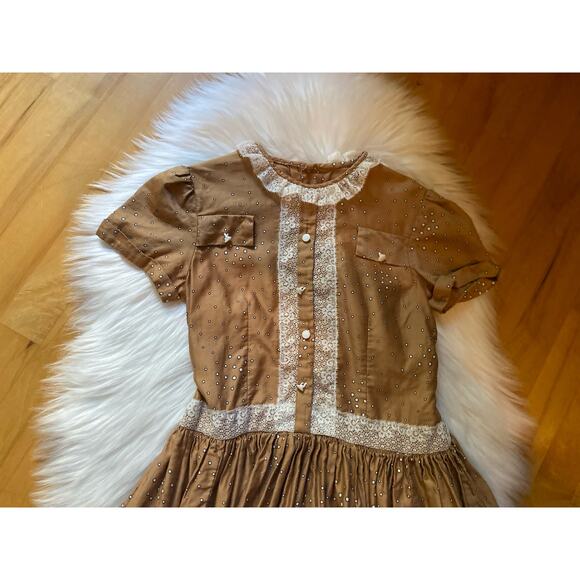 Vintage 1950s Drop Waist Brown w/ White Dot Dress, 5T - Picture 3 of 10